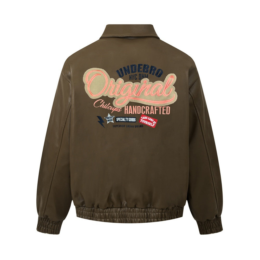 Embroidered collar leather jacket