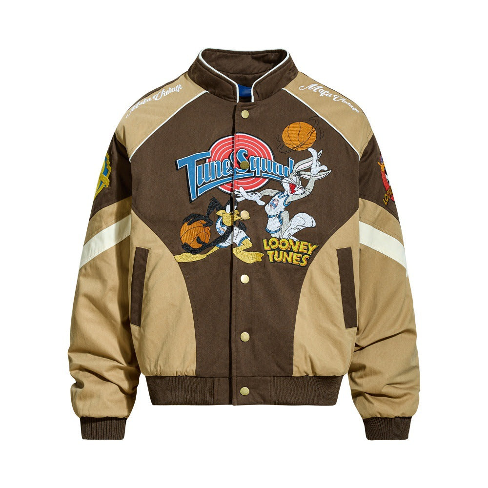 Contrast splicing stand up collar jacket