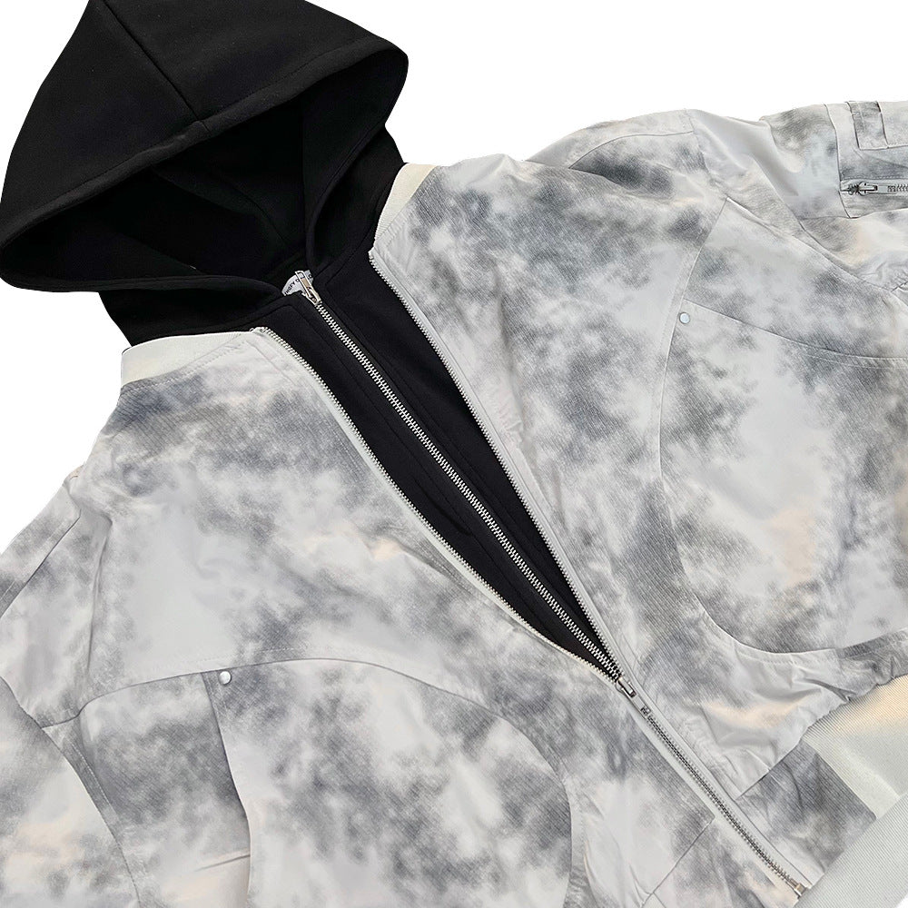 Tie dye splicing fake two-piece hooded jacket