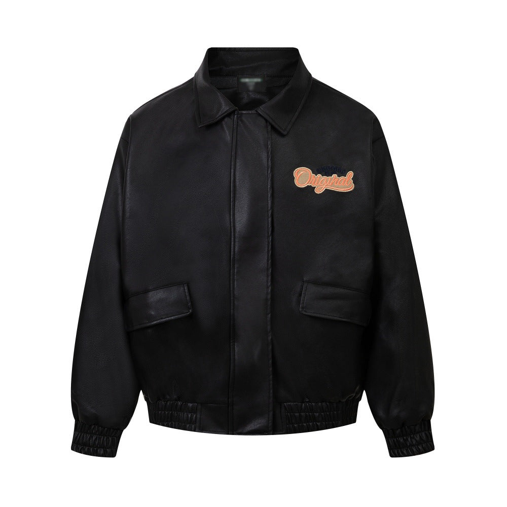 Embroidered collar leather jacket