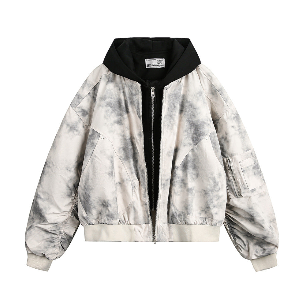 Tie dye splicing fake two-piece hooded jacket