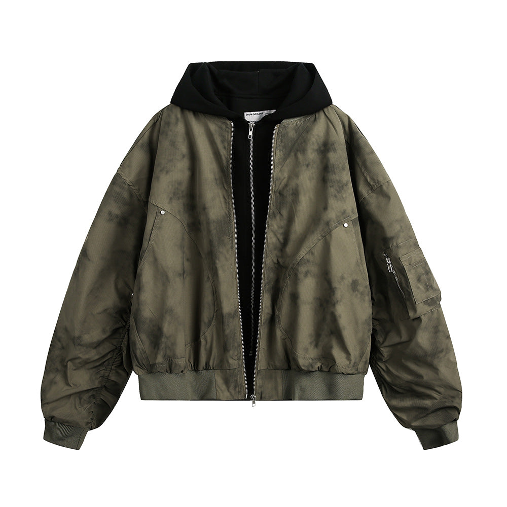 Tie dye splicing fake two-piece hooded jacket